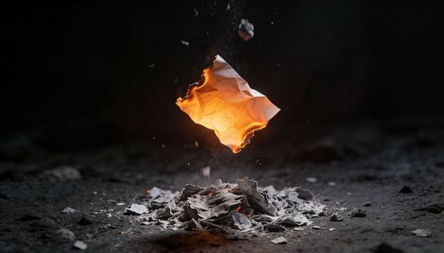 Floating burning paper glowing above ash pile, dramatic ember sparks and charred edges