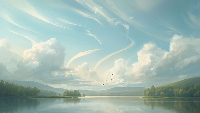 Calm lake reflecting swirling cirrus streaks and cumulus clouds over misty valley