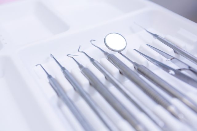 High angle view of dental equipments at medical clinic