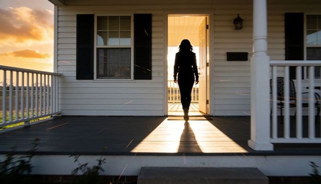 Walking silhouetted figure stepping through sunlit front door onto porch during golden hour