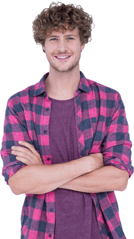 Confident young man with curly hair in checkered shirt, transparent background