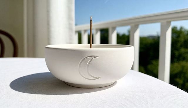 Minimalist white ceramic incense bowl with crescent moon embossing sitting on sunlit balcony