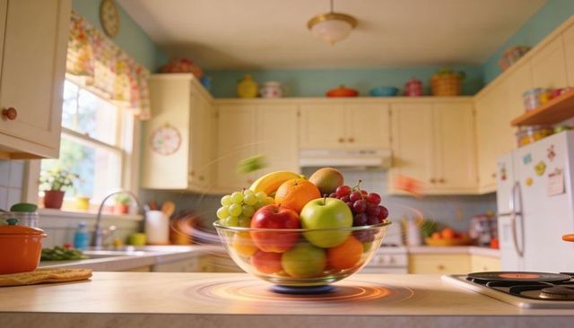 Spinning glass bowl of assorted fruit on light wood countertop in cozy cottage kitchen