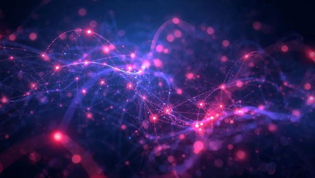 Pulsing Magenta-Violet Neural Network of Glowing Nodes and Filaments Flowing in Space