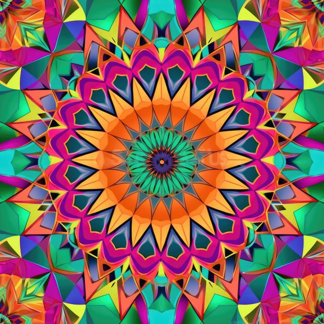 This colorful geometric kaleidoscope pattern features a vibrant and intricate design with symmetrical multicolored shapes. Perfect for use in modern art projects, graphic design backgrounds, textile prints, and digital decorations. Ideal for creating visually stunning and intricate designs that draw attention with their beautiful symmetry and vibrant hues.