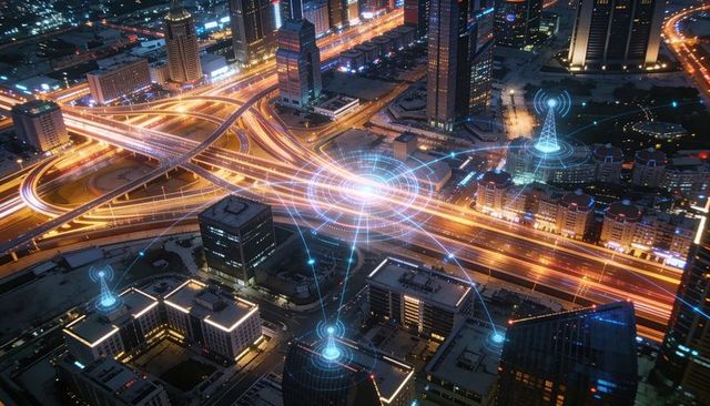 Smart city network overpass at night illuminating holographic traffic hub and light trails