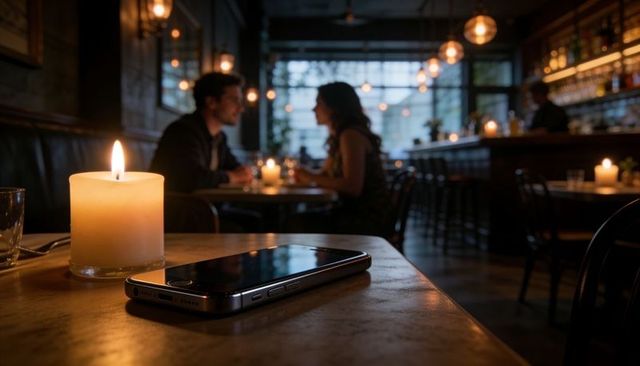 Candlelit Smartphone on Table with Blurred Couple Dining in Intimate Lounge Romantic Evening