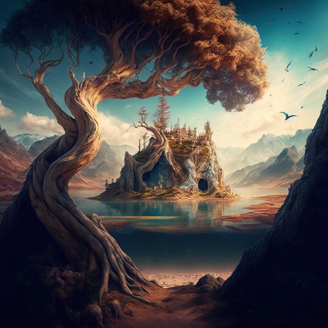 Image of fantasy landscape with cave, created using generative ai technology. Fantasy landscape and nature concept, digitally generated image.