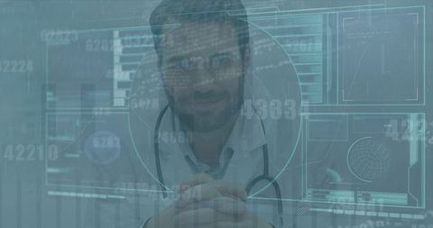 Doctor immersed in advanced digital data and medical technology