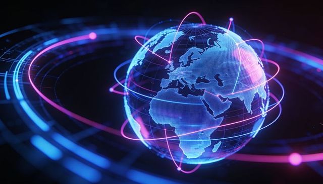 Neon globe visualizing global data network with glowing orbits and digital mesh for tech branding