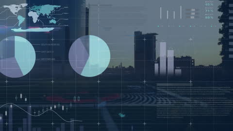 Animated Data Interface Over Urban Cityscape