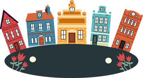 Transparent cartoon cityscape with tulips on vibrant oval base