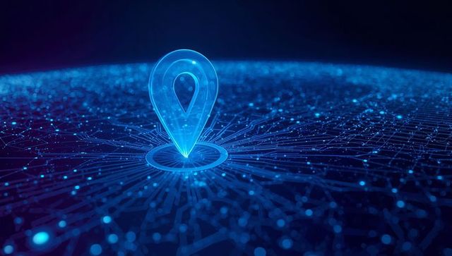 Holographic location pin hovering above network globe emitting neon blue connectivity