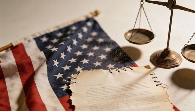 American flag draped beneath aged parchment and brass scales of justice symbolizing law