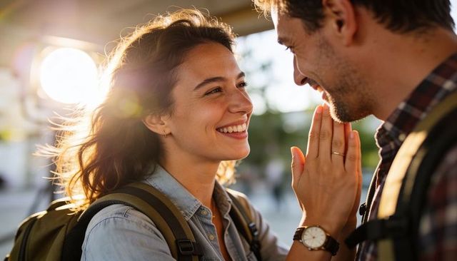 Couple reuniting with tender smile and forehead touch during golden hour in urban plaza