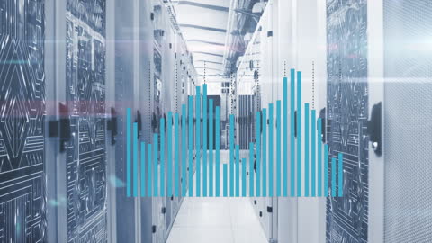 Digital Data Animation Overlaying Modern Server Room