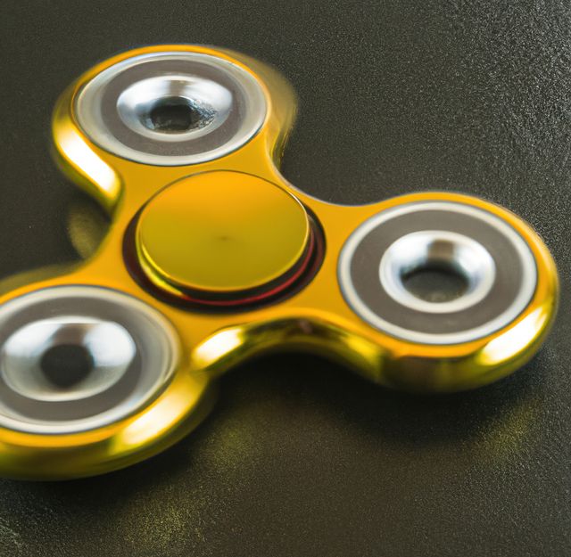 This photo provides a detailed close-up of a gold-colored fidget spinner on a black background. The shiny, metallic texture and spinning motion suggest themes of relaxation and stress relief. This photo is ideal for articles or marketing materials related to mindfulness, focus, recreation, or toys. It can also be used in blogs or social media posts discussing ways to reduce stress or improve concentration.