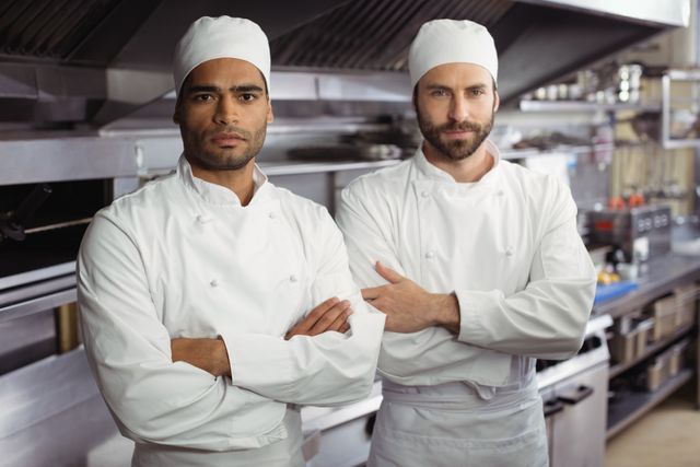 Portrait of two chefs standing together with arms crossed in commercial kitchen at restaurant