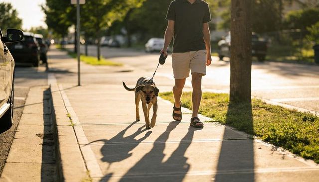 Man walking dog on suburban sidewalk at golden hour casting long shadows, casual summer