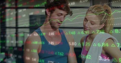 Gym partners checking market data on smartphone with finance overlay and wearable tech