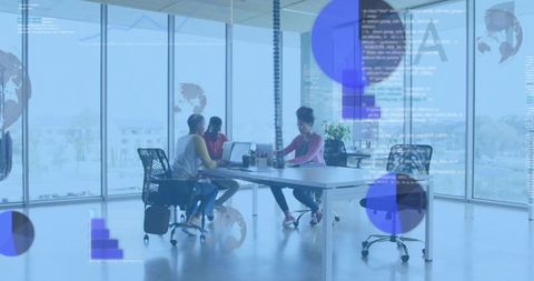 Three professionals collaborating on laptops with data overlays in modern glass workspace