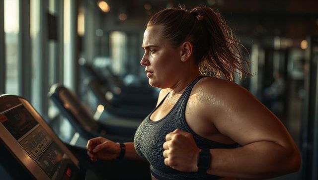 Focused woman running on treadmill in modern gym at sunrise