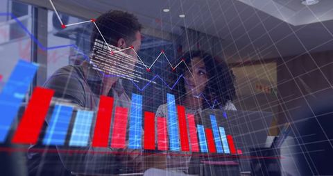 Analysts Collaborating Over Interactive Financial Data Visualization Red and Blue Charts