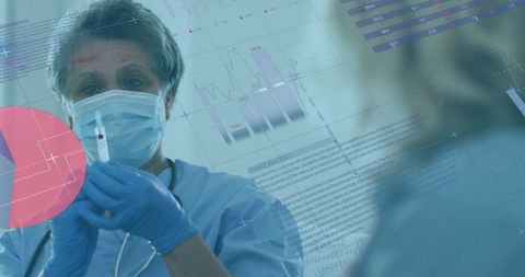 Female Doctor Administering Vaccine Amid Digital Medical Charts