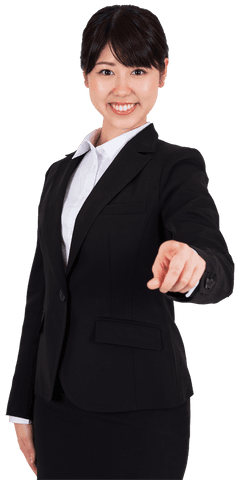 Smiling Asian Businesswoman Pointing on Transparent Background