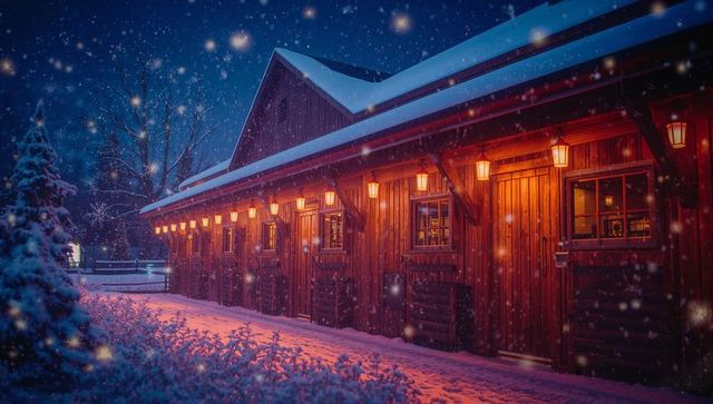 Cozy Snow-Covered Barn with Warm Ambient Lighting at Night