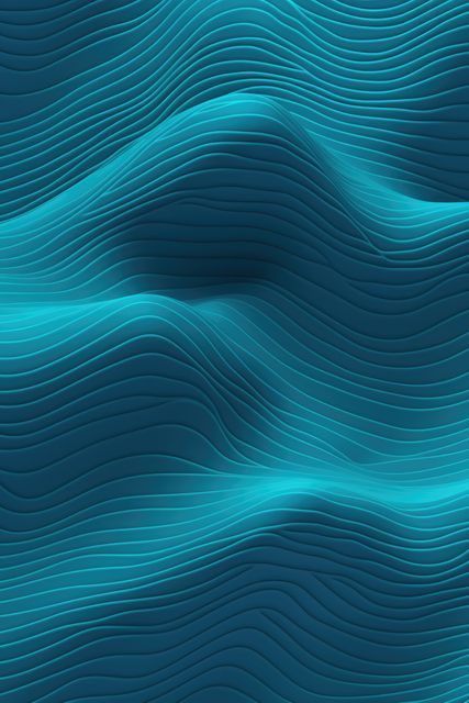 Abstract 3D wavy lines forming a flowing pattern in shades of turquoise and blue. Useful as a modern background for websites, presentations, and digital art projects, adding a dynamic and futuristic feel.