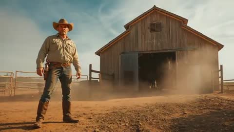 Cowboy Exiting Barn for Adventurous Ride on Frontier