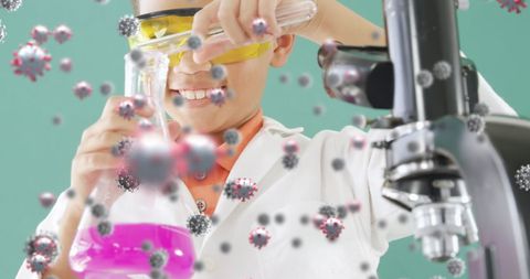 Student Conducting Chemistry Experiment Amid Digital COVID Overlay