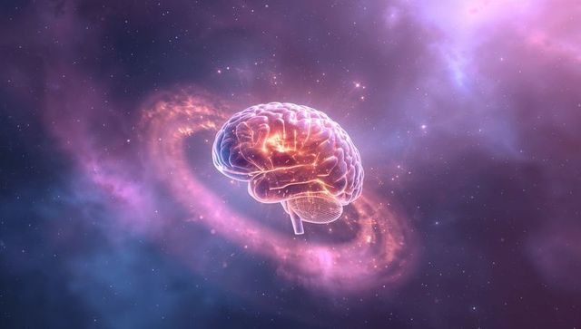 Floating holographic brain glowing with neural network pathways in cosmic nebula