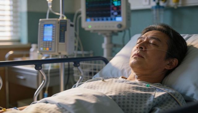Asian man resting in hospital bed with nasal cannula and cardiac monitor in daylight