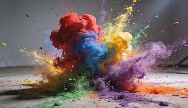 Bursting Color Cloud: Vibrant Multicolored Powder Plume Creating Dynamic Swirling Dust
