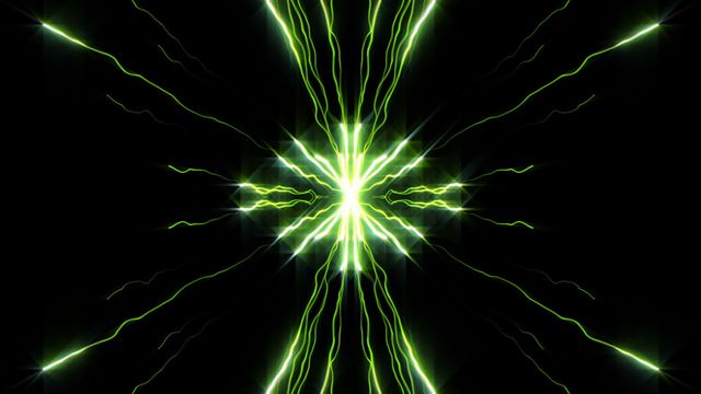 Bright green lightning bolts emanating from the center create a dazzling effect on black background. Ideal for use in futuristic and sci-fi designs, technology-themed projects, energy-related presentations, or as a powerful background for dynamic animations and visual effects.