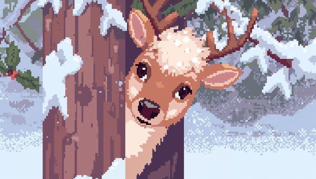 Pixel-art deer peeking from tree in snowy evergreen forest with antlers and snowflakes