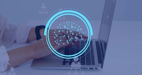 Hands Typing on Laptop with Neural Network Overlay and Smartwatch Technology Interface
