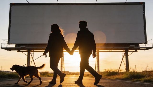 Silhouetted couple holding hands walking dog along road at sunset with blank billboard