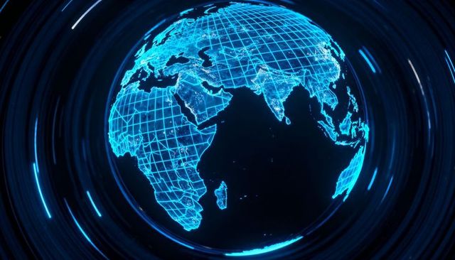 Neon wireframe globe rotating with city lights, data grid and futuristic digital rings