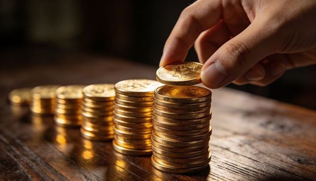 Hand stacking bitcoin coins on wood table showing golden crypto wealth and investment