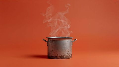 Steaming metal cooking pot on orange background