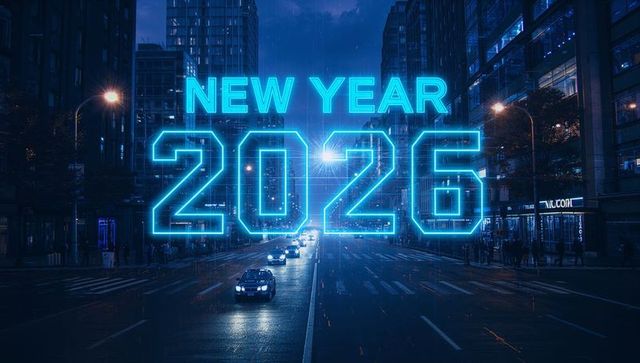 Neon new year 2026 over downtown street celebrating night rain reflections