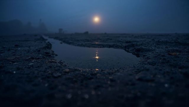 Moonlight Reflecting in Shallow Mudflat Puddle at Dusk with Pebble Texture and Mist