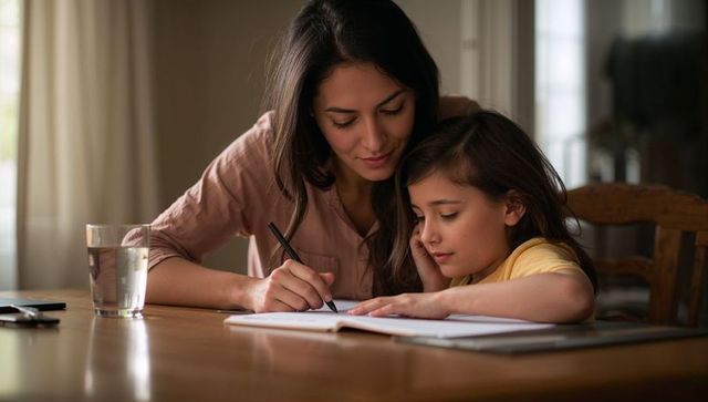 Mother helping daughter with homework at dining table during quiet evening study session