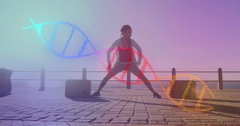 Woman Stretching with DNA Strand Overlay Representation