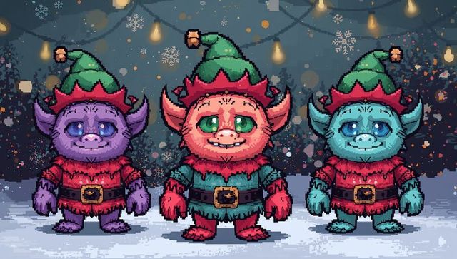Pixel-art festive elf trio posing on snowy night with string lights and holiday forest