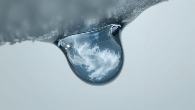 Clouds Reflecting in Melting Frost Droplet Macro, Crystal Sky Visible in Water Lens