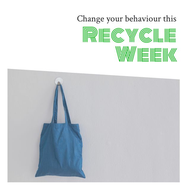 Digital composite focusing on sustainable living, featuring a blue cloth bag hanging against a minimalist background with text encouraging recycling habits. Ideal for promoting environmental events, social media campaigns on sustainability, and educational materials focused on waste reduction and eco-friendly practices.
